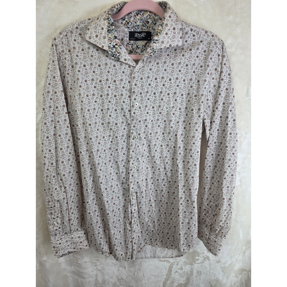 RDR Shirts Mens Slim Fit Button Down Brown Floral Medallion Print Cotton Shirt M